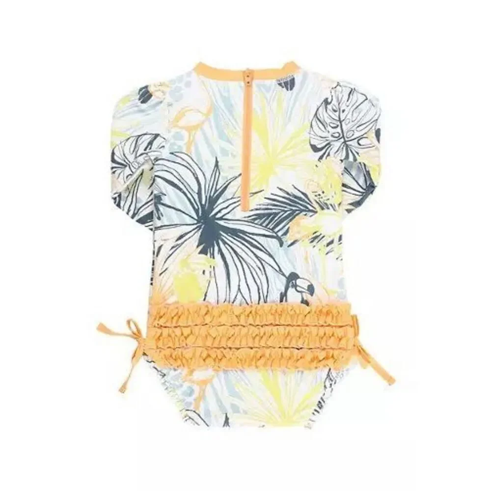 RuffleButts Toddler Tropical Floral Rash Guard One Piece Swimsuit Size 3-6Mo